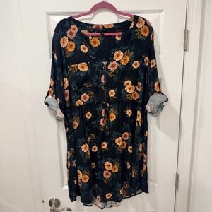 Torrid Floral Half Zip Roll Tab Sleeve 2 Mini Dress Pockets Black Orange 2X Plus